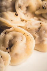 Pelmeni Russian national kitchen. Boiled dumplings with beef. Selective focus. Shallow depth of field.