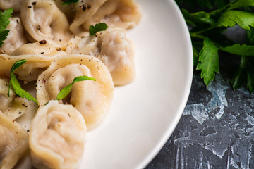 Pelmeni Russian national kitchen. Boiled dumplings with beef. Selective focus. Shallow depth of field.