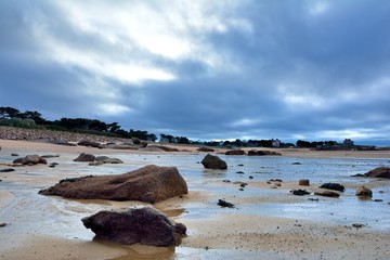 beautiful view of the pink granite coast in Brittany. France