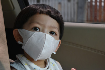 cute kid wearing face mask protect air dust pollution with pm 2.5