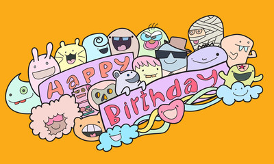 Many monsters, various colors, doodle Come to bless on the birthday Colorful, fun. It is an illustration, greeting card. And various things.