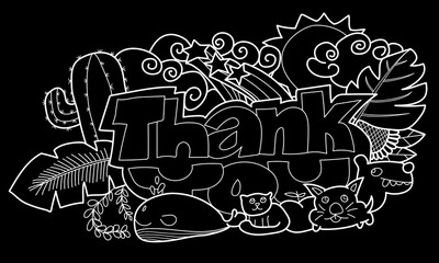 "Thank You" hand lettering and doodles elements background. Vector illustration