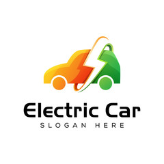 Fototapeta premium modern Electric Car logo, car with thunderbolt logo vector template