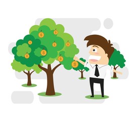 Young Man harvest monney from the tree . Business Concept Illustration