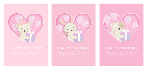 Set animals template cards with cute rabbit,cat and bear in paper card style for birthday card , baby shower card ,greeting cards .