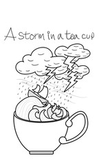 Illustration for proverb “"A storm in a teacup”: storm, shipwreck, cup  under the rain, vector