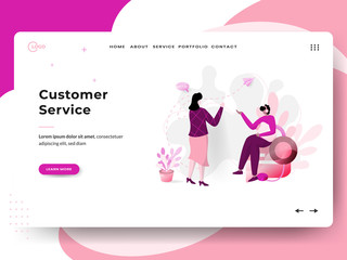 Landing page Customer Service, the concept of women talking to men, can be used for landing pages, web, UI, banners, templates, backgrounds, flayer, posters.