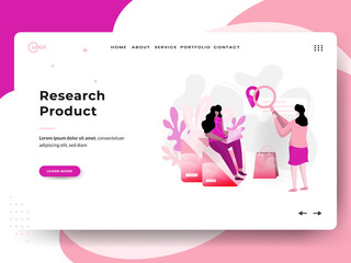 Landing Product Research page, the concept of women in discussion, can be used for landing pages, web, UI, banners, templates, backgrounds, flayer, posters.