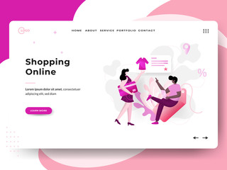 Landing page Shopping Online, the concept of women carrying credit cards and men using smartphones, can be used for landing pages, web, UI, banners, templates, backgrounds, flayer, posters.
