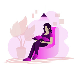 Woman reading a book concept. The woman sitting on the bean chair. Isolated vector illustration
