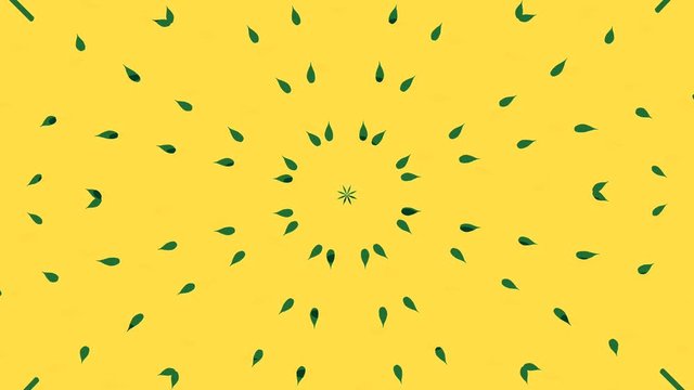 Cute cartoon animation of the small green leaves rotating in kaleidoscope on yellow background. Seamless loop animation