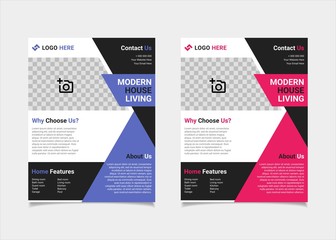 Business flyer estate template vector design, US letter brochure template blue and pink geometry shapes used for poster property leaflets, magazine property, and brochure cover property