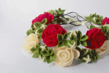 Beautiful Handmade Felt Floral Crown or tiara with red rose flowers and Green leaves for wedding event or feminine decorative element