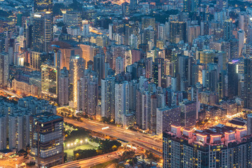 Night scene of aerial view of Hong Kong City