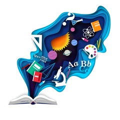 Open book with school supplies, vector paper cut illustration
