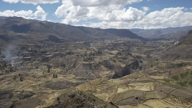 Panoramic view of the scenic landscape in the Colca Canyon (Ca&ntilde;&oacute;n Del Colca) with stepped agricultural Inca terraces from a viewpoint. Travel destination around Arequipa in the Andes Mountains of Peru