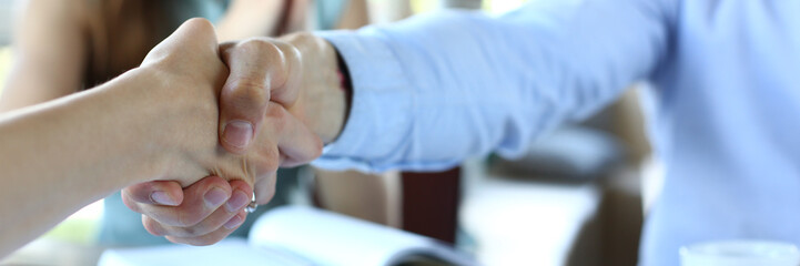 Smiling man and woman shake hands as hello in cafe portrait. Friend welcome mediation offer...
