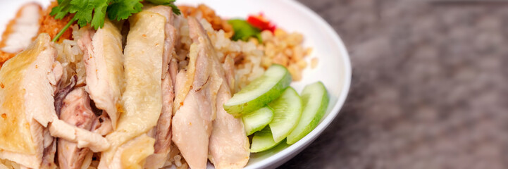 Close-up chicken with rice dish, famous street food in Asia, 