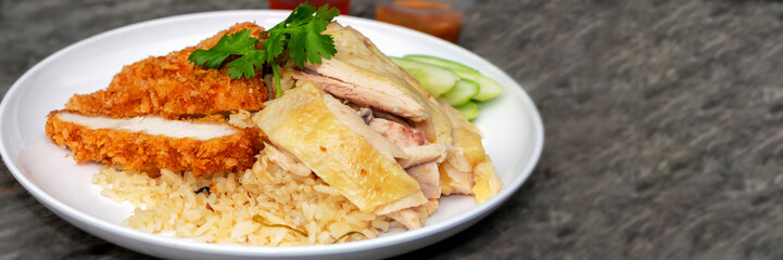 Close-up chicken with rice dish, famous street food in Asia, 