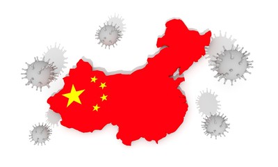 Abstract viruses. Virus epidemic danger relative illustration. Medical research theme. 3D rendering. Flag and map of the China