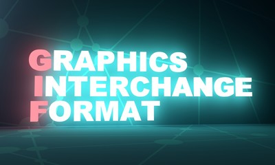 Acronym GIF - Graphics Interchange Format. Technology conceptual image. 3D rendering. Neon bulb illumination