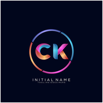 Initial letter CK curve rounded logo, gradient vibrant colorful glossy colors on black background
