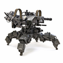 Futuristic heavily armored quad legged land drone military assault weapon concept capable of traversing uneven terrain and delivering tremendous firepower. 3d rendering isolated on white background
