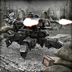 Futuristic heavily armored quad legged land drone military assault weapon unleashing its power on the battlefield. 3d rendering © Digital Storm