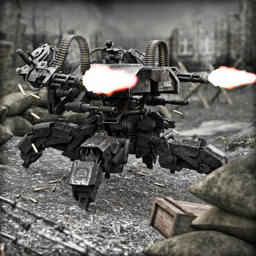 Futuristic Heavily Armored Quad Legged Land Drone Military Assault Weapon Unleashing Its Power On The Battlefield. 3d Rendering