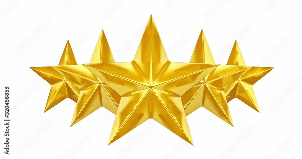 Wall mural five golden stars spinning into place for five star rating or review with mask. 3d render.