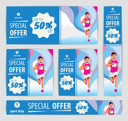 Runner marathon city skyscrapers design concept. Sale discount sport promotion banner template. Vector illustration