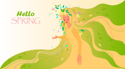 Hello spring. vector image of a woman in a dress with spring leaves