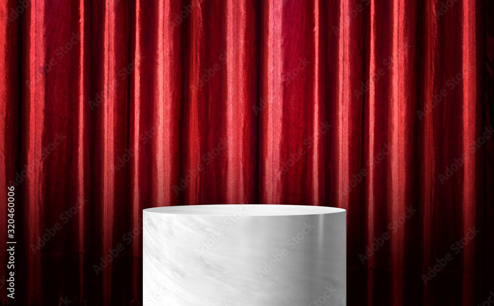 Poster product display glossy white marble cylinder stand with red curtain wall background.banner mockup sp