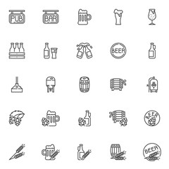 Brewery line icons set. Craft beer production linear style symbols collection, Pub and bar outline signs pack. vector graphics. Set includes icons as lager beer bottle, pint glass, wood barrel, ale