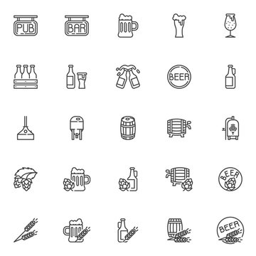 Brewery line icons set. Craft beer production linear style symbols collection, Pub and bar outline signs pack. vector graphics. Set includes icons as lager beer bottle, pint glass, wood barrel, ale