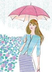 紫陽花の道を歩く傘をさす女性