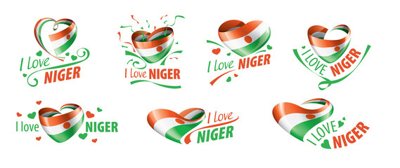 National flag of the Niger in the shape of a heart and the inscription I love Niger. Vector illustration