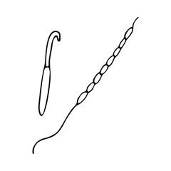 Hand drawn crochet hook and one knitting row of loops vector illustration.
