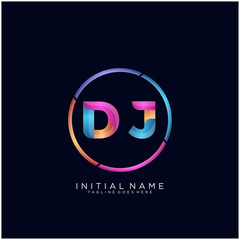 Initial letter DJ curve rounded logo, gradient vibrant colorful glossy colors on black background