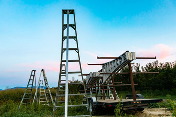 Picking fruit ladder at cherry orchard in Creston Valley, British Columbia, Canada. Group of aluminum ladders at the field in clear summer day