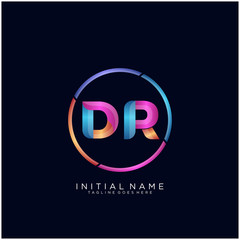 Initial letter DR curve rounded logo, gradient vibrant colorful glossy colors on black background - obrazy, fototapety, plakaty