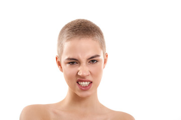 Emotional girl. Portrait of attractive half-naked blond woman with short hair looking at camera and...