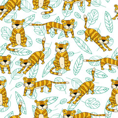 Fototapeta premium Big cat prawling in the jungle kids seamless pattern. Cute flat hand drawn tiger character endless texture. Cartoon wallpaper