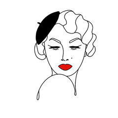 Vector modern line art portret of woman. Vintage art deco hand drawn illustration for fashion t-shirt design, printing, posters, invitations, cards, leaflets. Isolated on white.