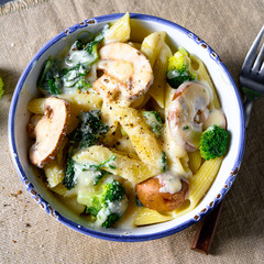 Real pasta with mushrooms, spinach and broccoli