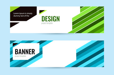 Fototapeta premium Set of horizontal white banners with bright stripes blue and green color. Abstract vector background. Universal template with empty place for text.