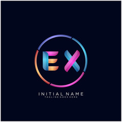 Initial letter EX curve rounded logo, gradient vibrant colorful glossy colors on black background