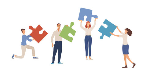 Businesspeople with puzzles flat vector illustration