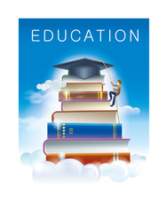 Vector illustration of a student climbs a mountain of books. Student cap on the top of the mountain and 'Education' text. Editable EPS vector