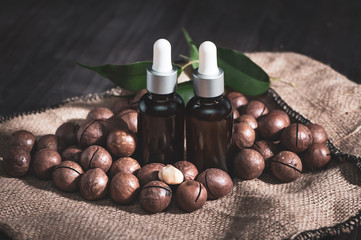 Macadamia oil in bottles and macadamia nuts ,  vintage rustic style .  Bio, organic , nature...